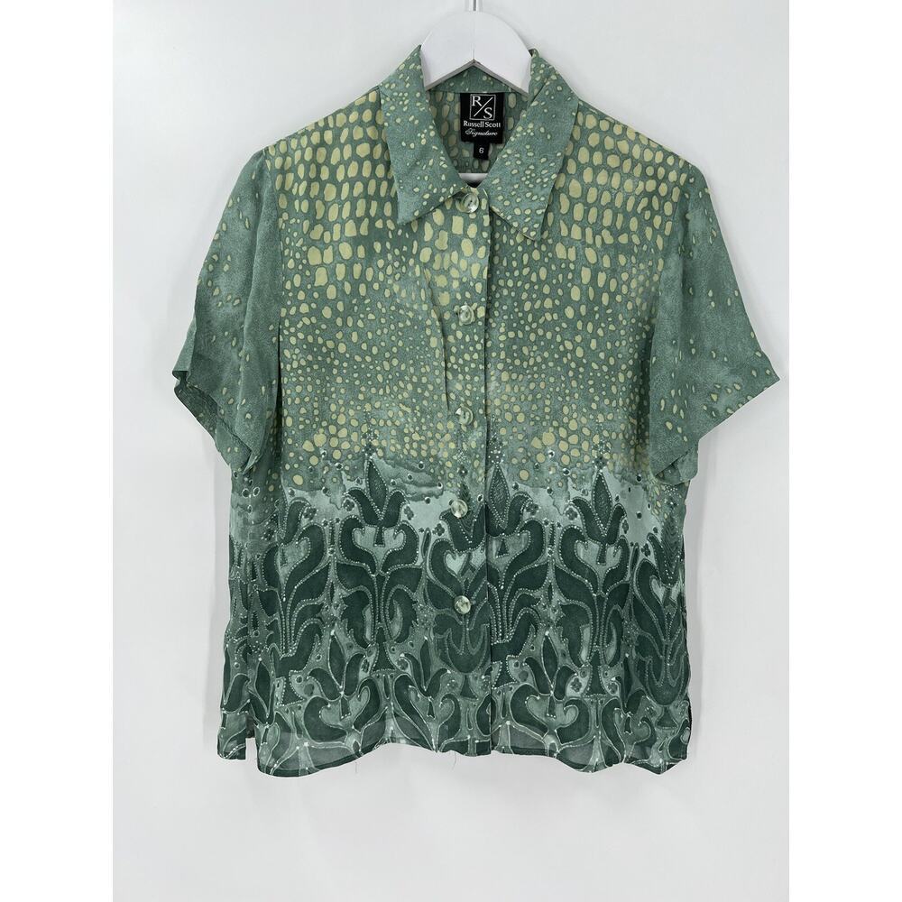 Russell Scott Womens Vintage Blouse 6 Small Green Button Up Short Sleeves Sheer